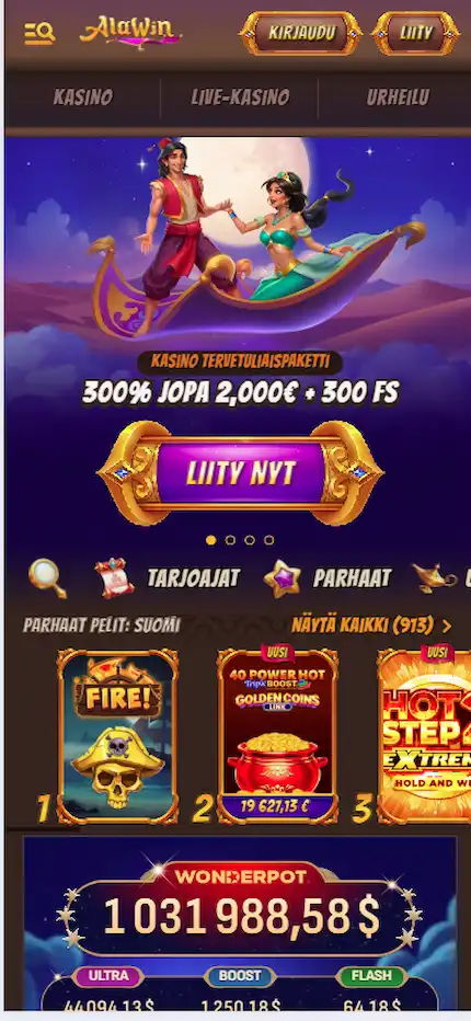 Alawin Casinon aula tietokoneella, jossa näkyy tervetuliaisbonus mainosbannerissa sekä suosittuja kolikkopelejä.