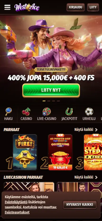WestAce Casinon etusivu tietokoneella, jossa on lännenteemainen tervetuliaisbonusbanneri ja pelivalikko.